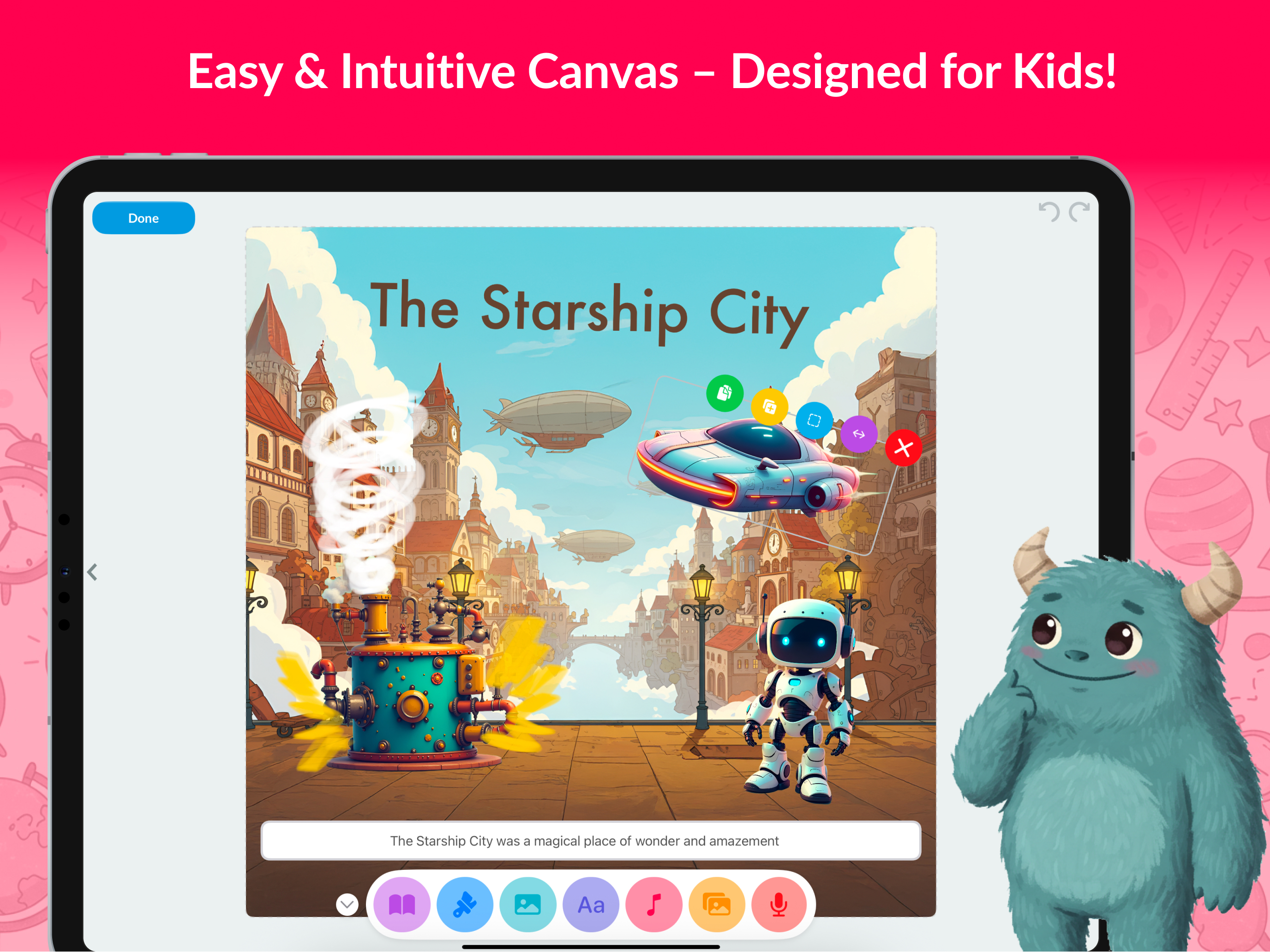 A canvas full of rich functionality for drawing, adding stickers, and other creative elements